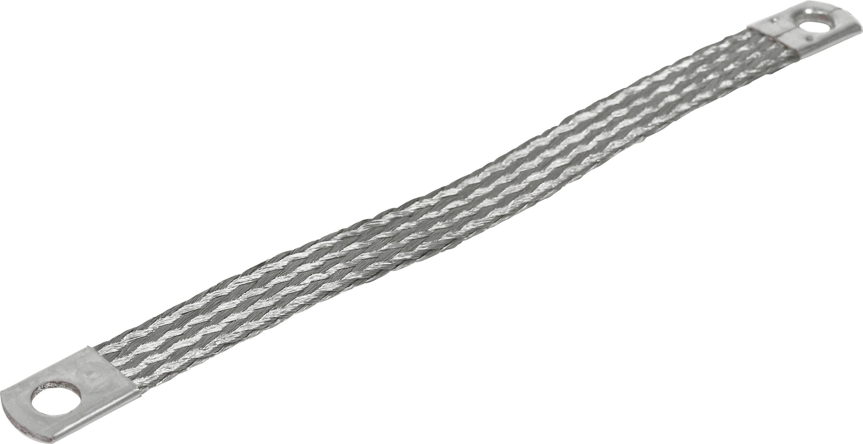 Metal braided tape with holes at both ends, for electrical earthing or connection in technical applications.
