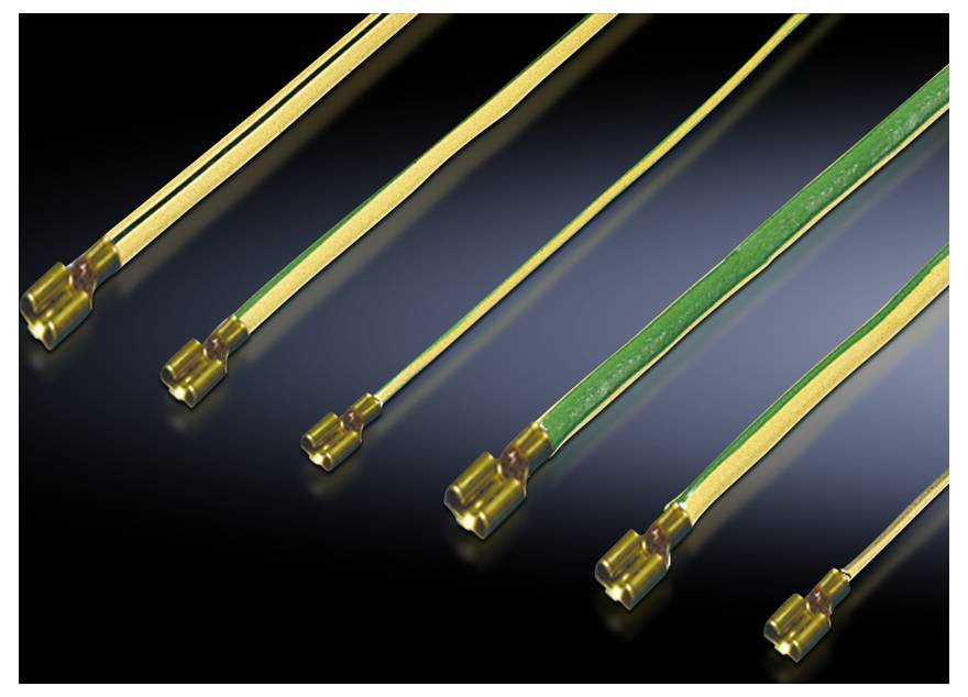 Various green-yellow cables with gold connectors on a black background, which may possibly be used for earthing.