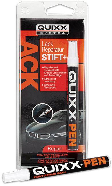 'QUIXX Paint Repair Pen' packaging displays a pen product for repairing paint damage on cars, with an illustration of a car on the front side.