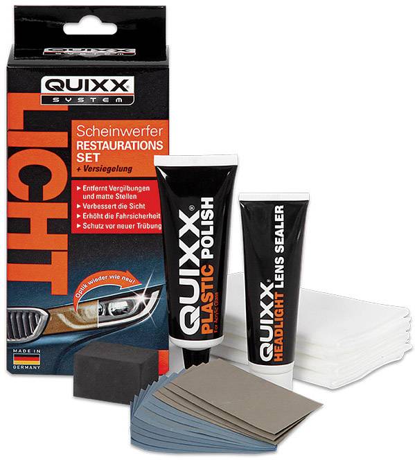 Quixx Headlight Restoration Kit: Contains polish and sealant for crystal-clear headlights, including cloths and sandpaper.