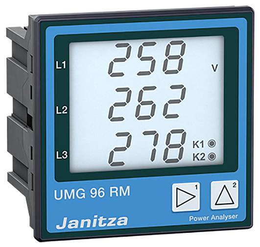 A digital voltmeter shows voltages of 258 V, 262 V, and 278 V for three phases (L1, L2, L3). The device is a Janitza UMG 96 RM.