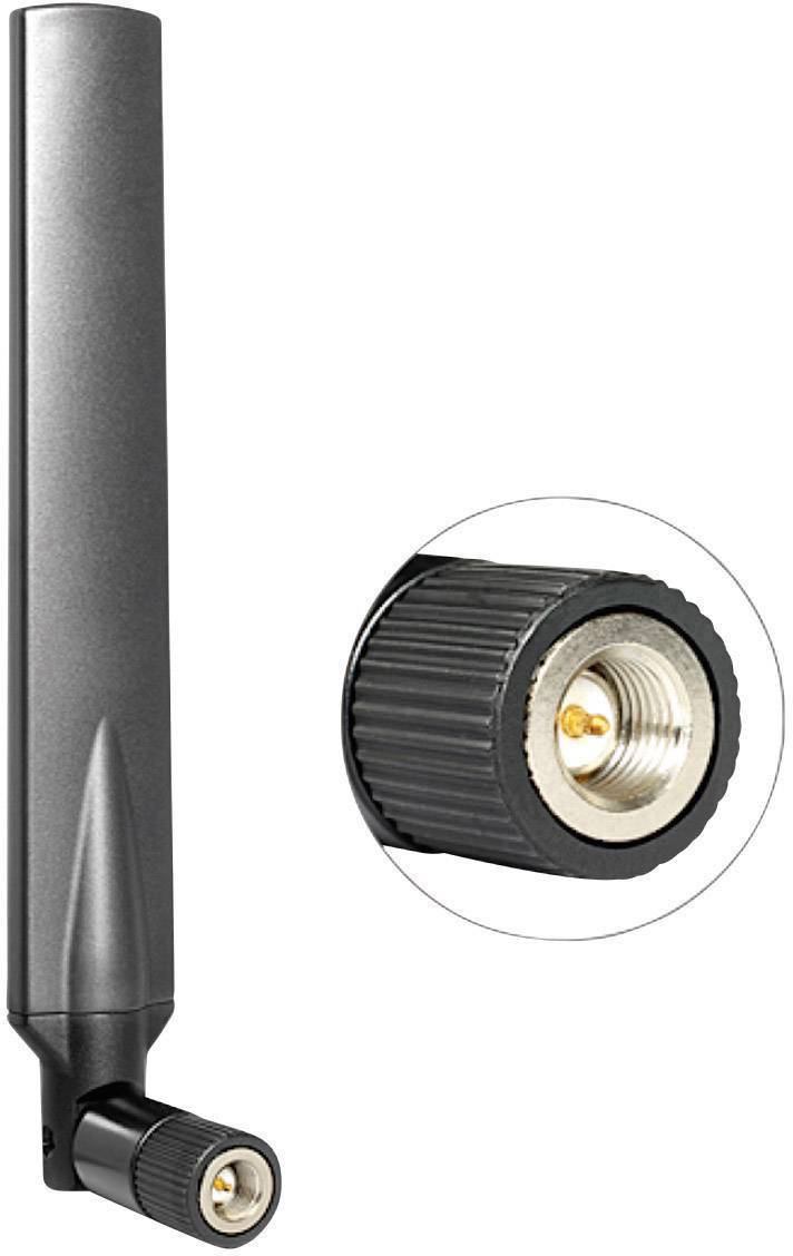 Black WiFi antenna with removable screw connection, shown from the side with a detailed view of the connection.
