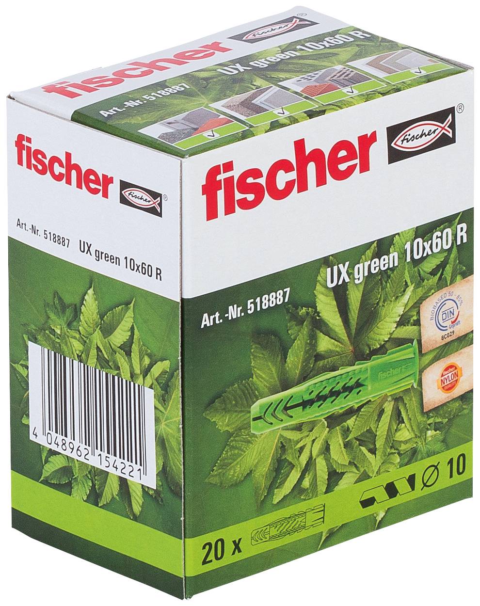 Fischer UX green 10x60 R wall plug box, shown with product branding, barcode, and 20-piece quantity on green packaging.