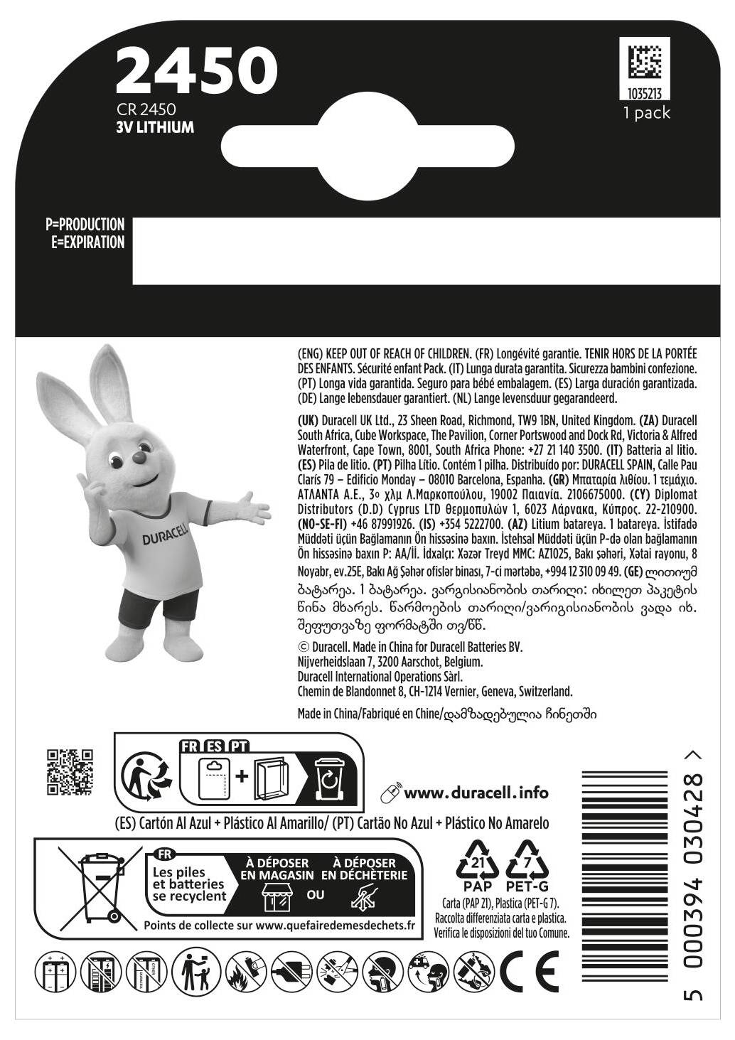 'CR 2450 3V lithium Duracell battery package with bunny mascot. Instructions include 'keep out of reach of children' in multiple languages.'