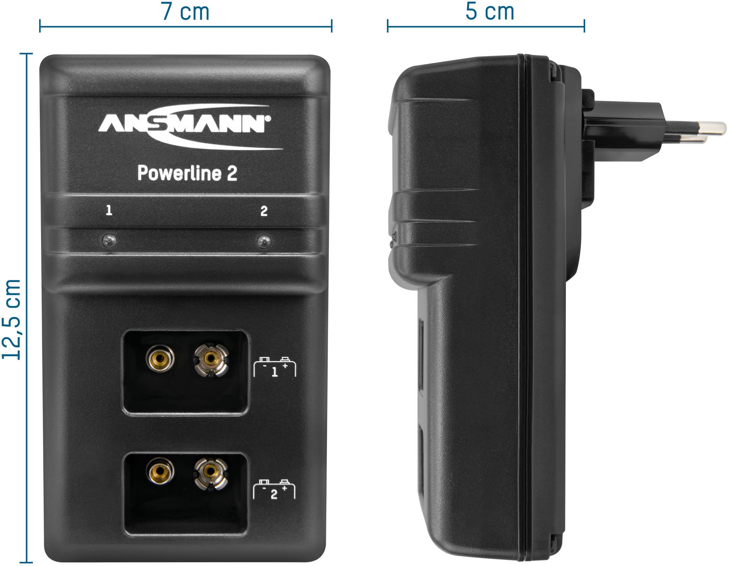 'Ansmann Powerline 2' Battery Charger, dimensions: 12.5 cm high, 7 cm wide, side view shows 5 cm depth, with two charging slots and EU plug.