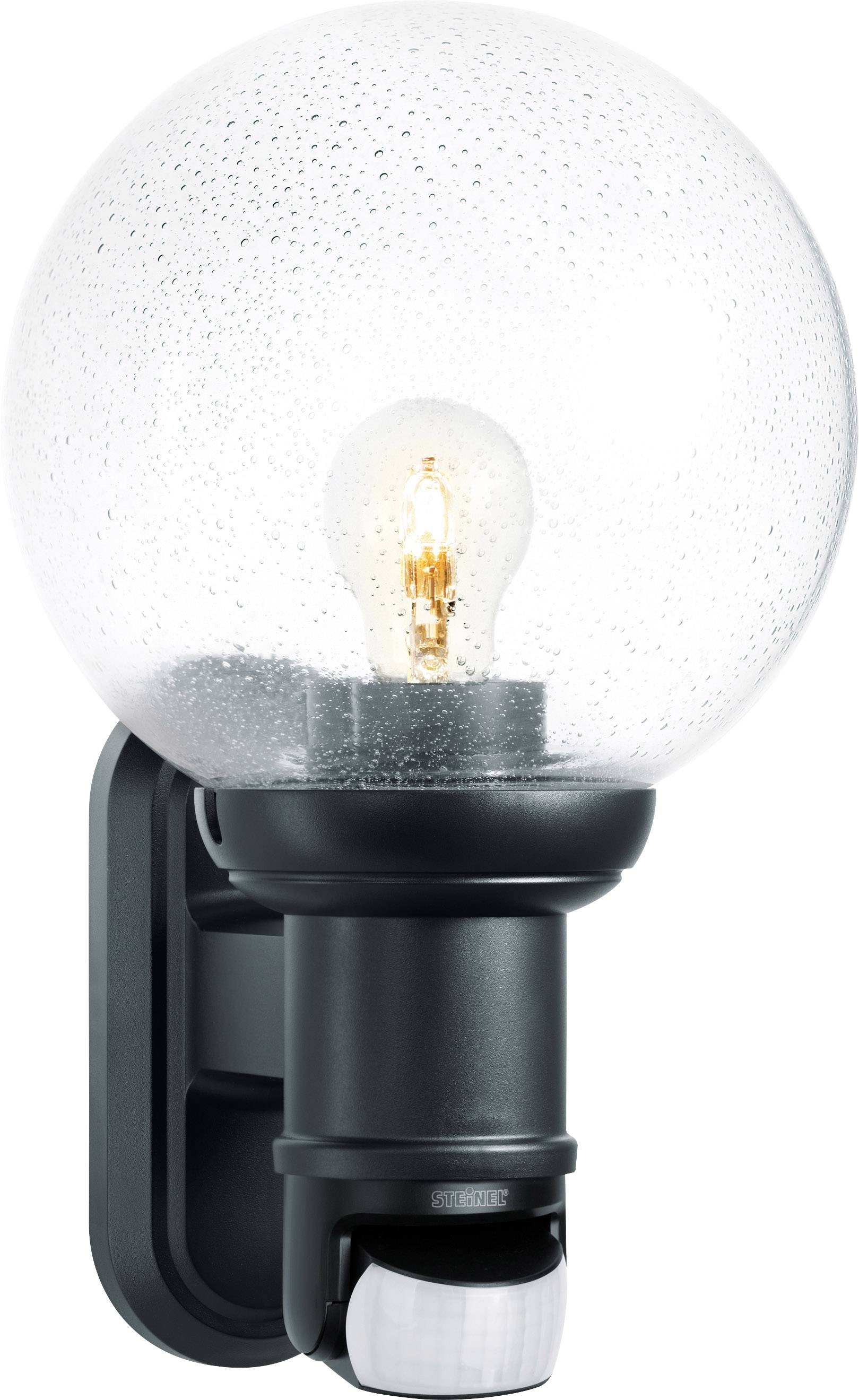 Black outdoor light with a round glass globe and visible light source. Motion sensor located at the base of the stand.