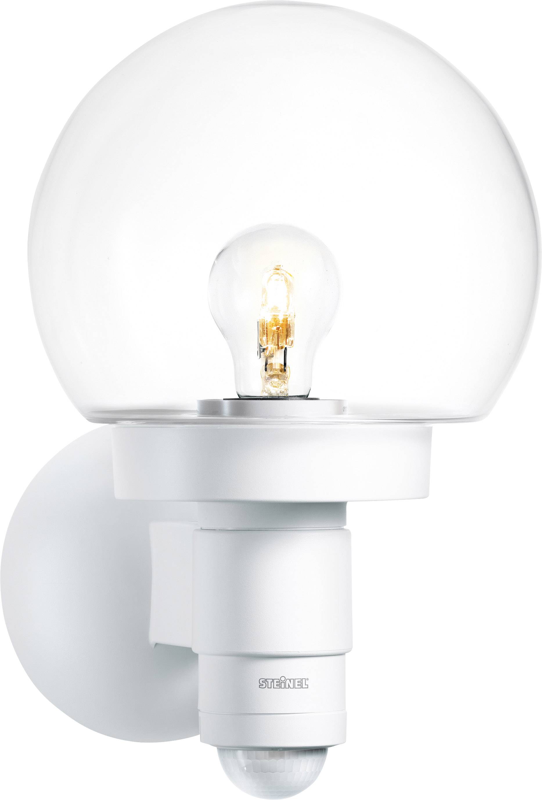 White wall light with a round, clear lampshade and visible light bulb. A motion sensor is located beneath it.