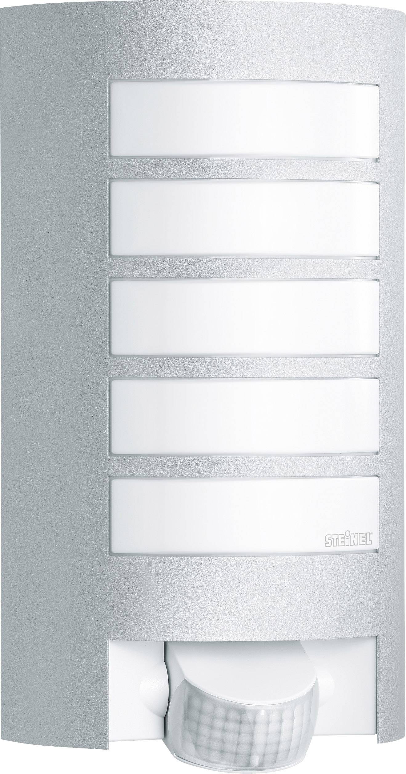 Wall light with integrated motion sensor, suitable for outdoor use. Silver housing with five horizontal light bands.