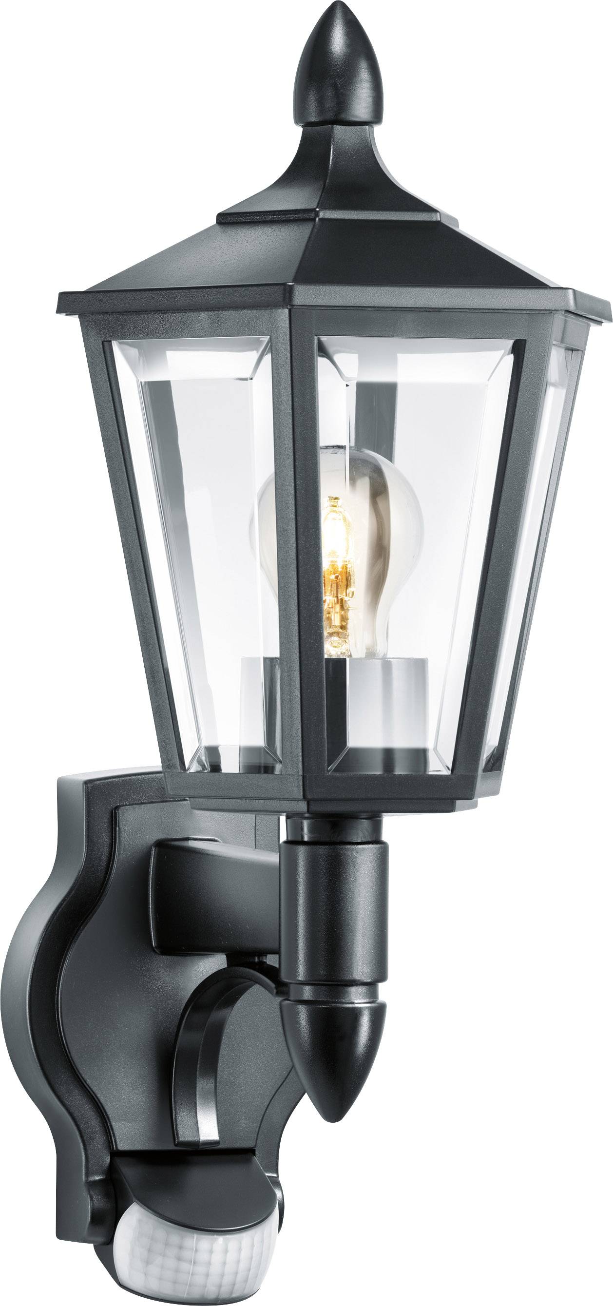 Black outdoor wall lantern in a traditional lamp style, featuring transparent glass inserts and a visible light bulb with integrated motion sensor.
