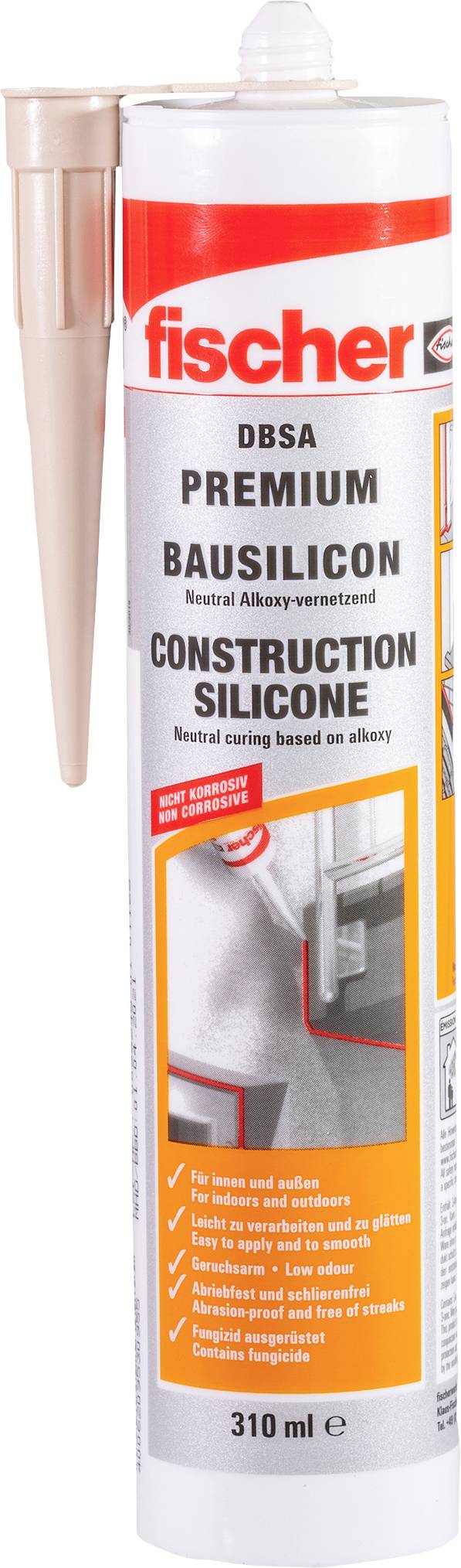 Cartridge with the inscription 'fischer DBSA Premium Building Silicone'. Contains details about properties such as neutral-cured and weather-resistant.