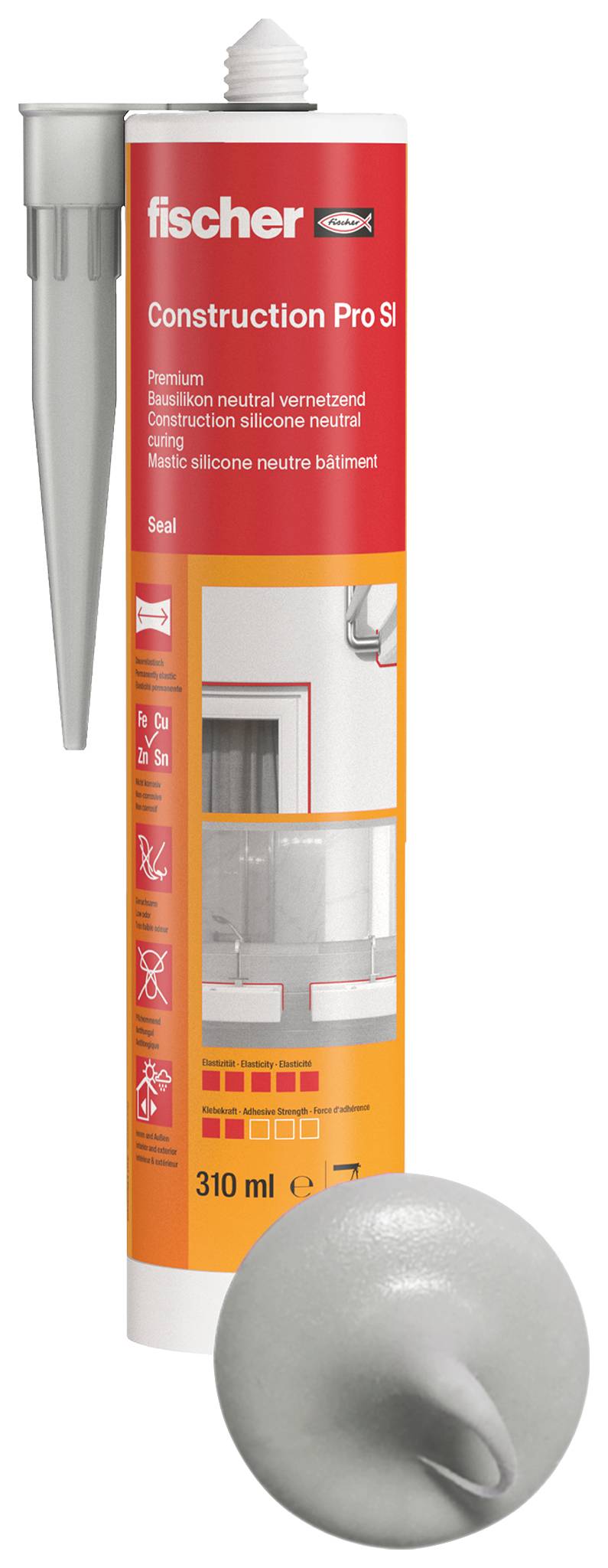 Fischer silicone cartridge, 310 ml, for construction applications. Product description and areas of use on the packaging.