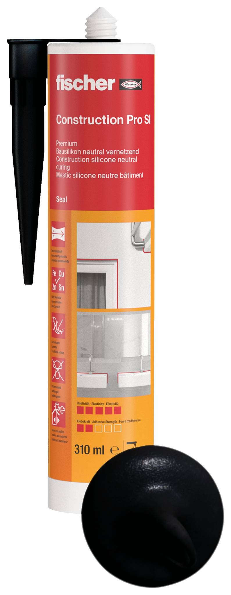 A tube of Fischer construction silicone. Print: 'Premium Bausilicon' and 'Construction Silicone'. Contents: 310 ml.