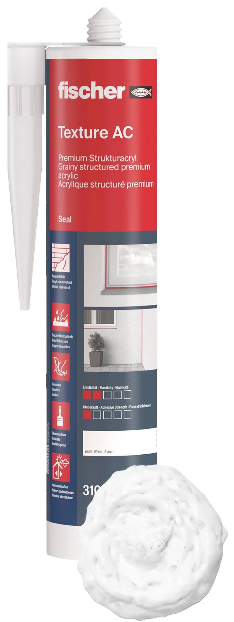 Tube of Fischer 'Texture AC' sealant with nozzle and a sample textured finish swatch, shown in product packaging.