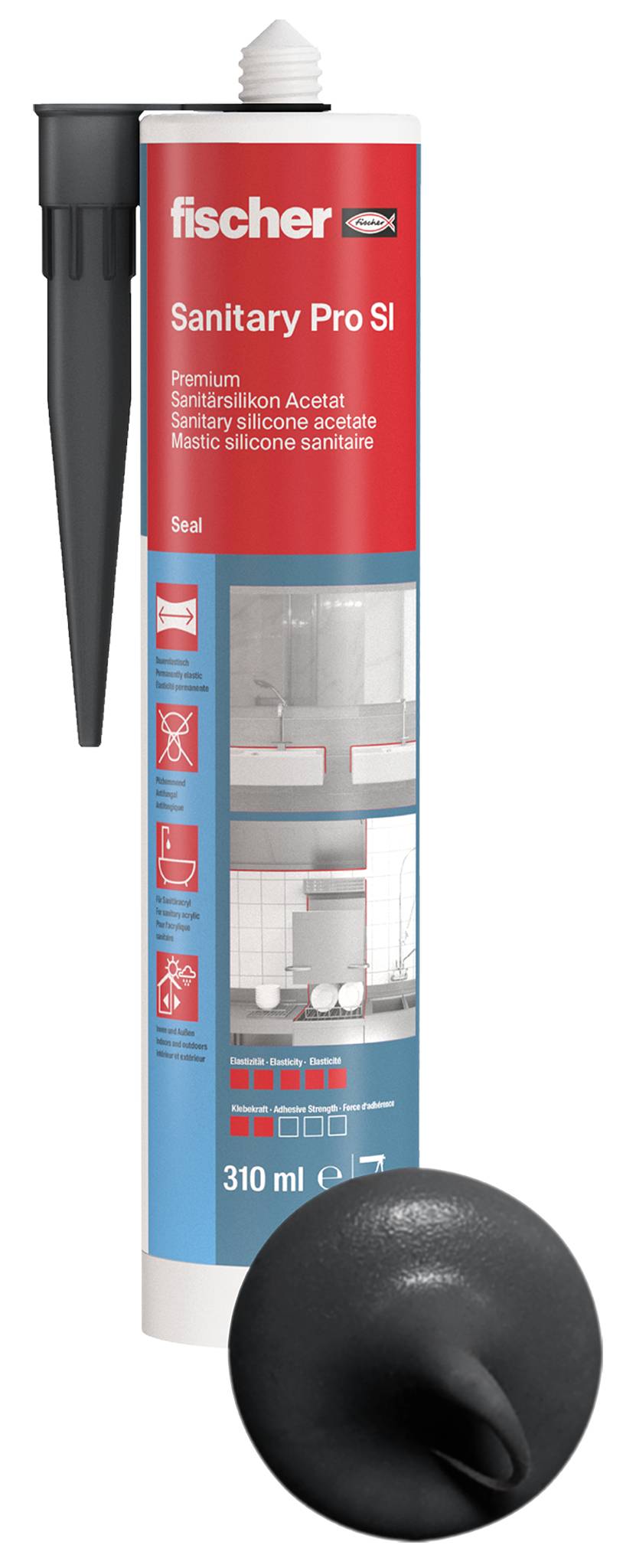 Cartridge of 'fischer DSSA Premium Sanitary Silicone', suitable for sanitary applications. Includes an applicator nozzle.