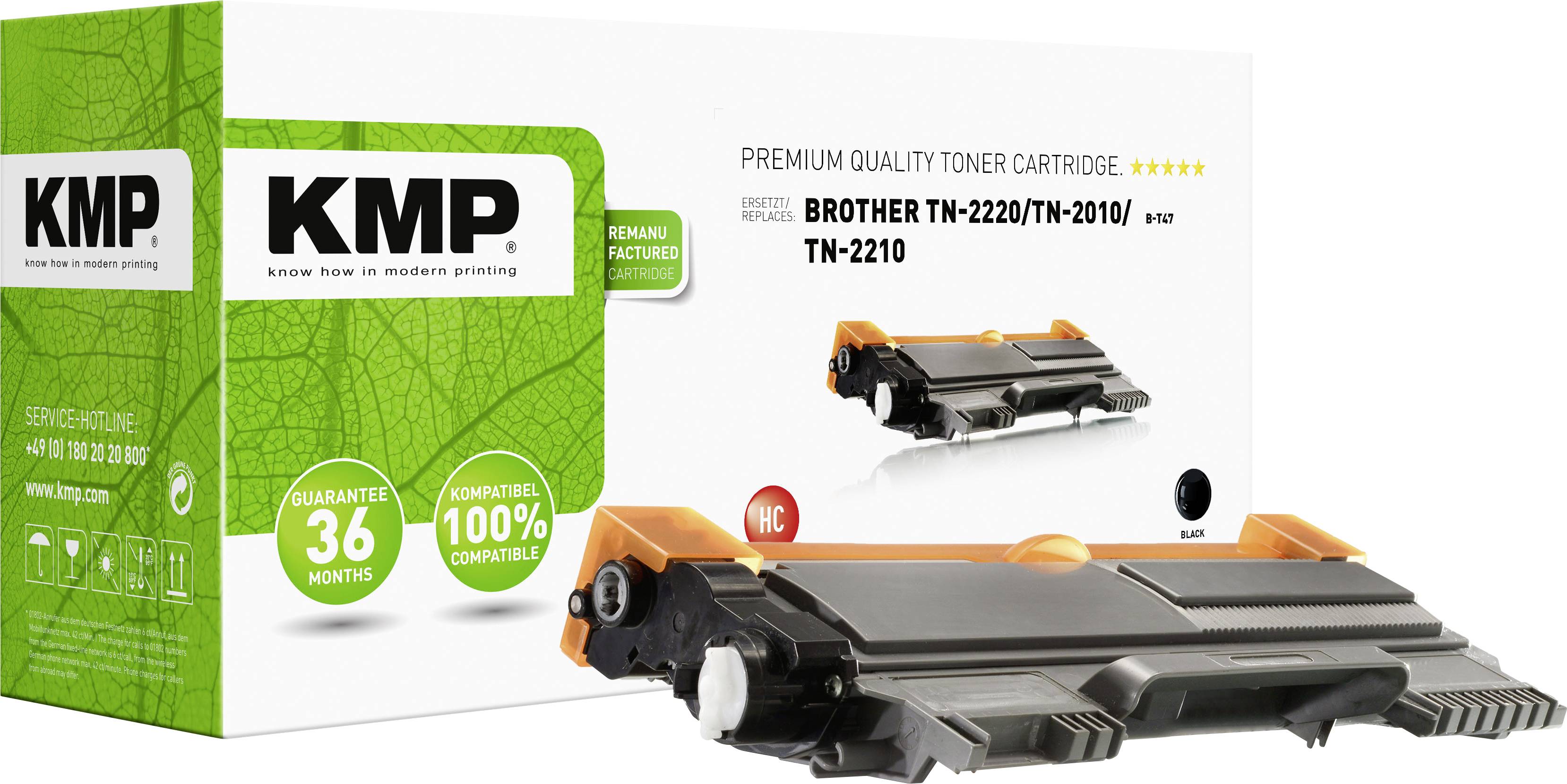 Toner cartridge 'KMP' for Brother TN-2220/TN-2010/TN-2210. Packaging shows cartridge and strong compatibility with 36-month guarantee.
