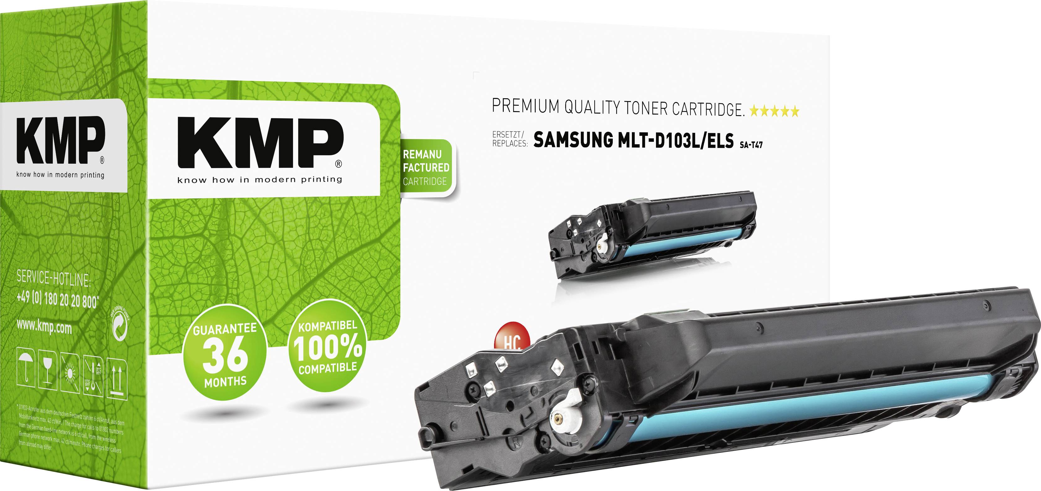 Replacement toner cartridge by KMP, compatible with Samsung MLT-D103L printer. Packaging shows a 36-month guarantee, 100% compatible.