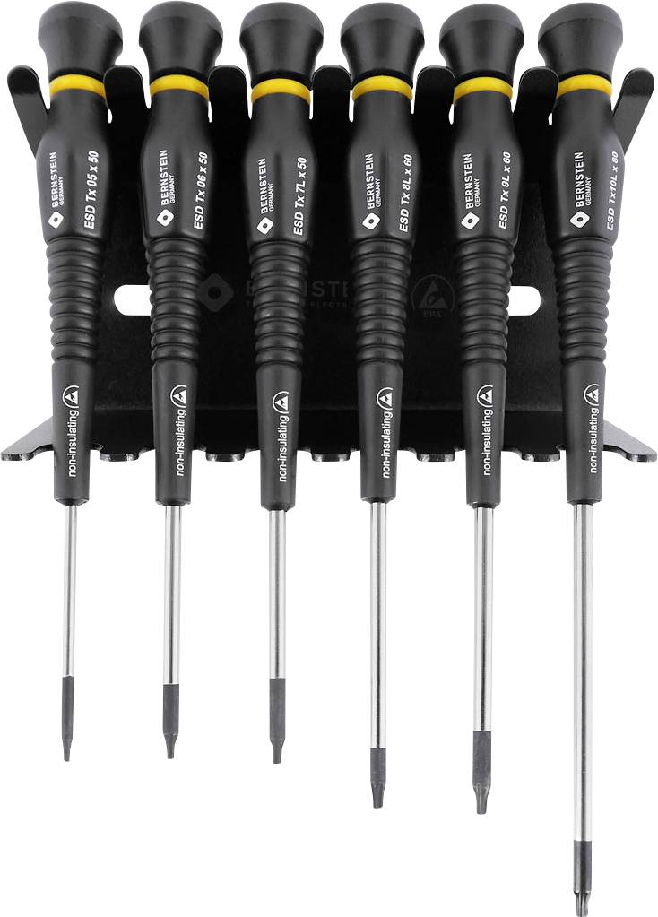 Six black precision screwdrivers with orange handles, arranged in a holder, each with different tips.