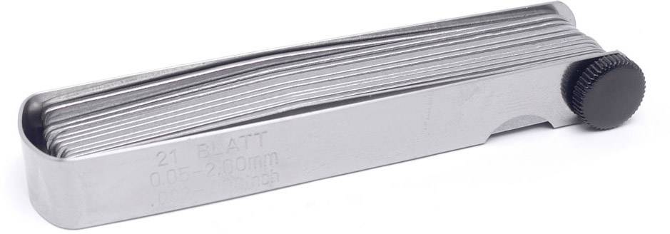A set of feeler gauge blades with 21 blades of varying thicknesses for measuring gap sizes in mechanical applications.
