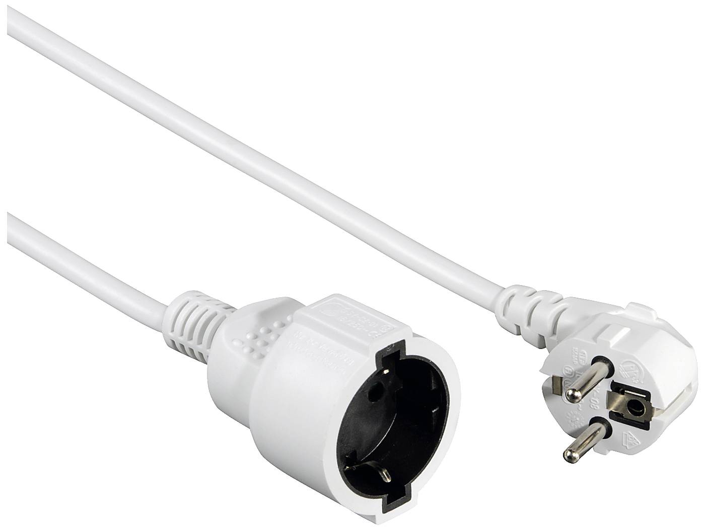 A white extension lead with a plug and socket. The plug on the right is visible with two round metal pins.
