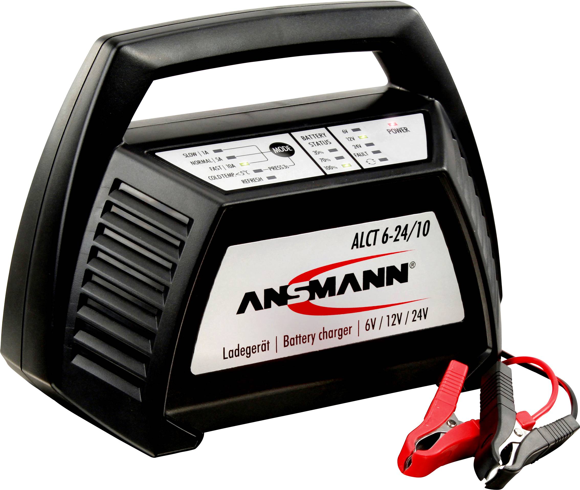 'Ansmann ALCT 6-24/10' Battery Charger with digital display and charging options for 6V, 12V and 24V; red and black clamps.