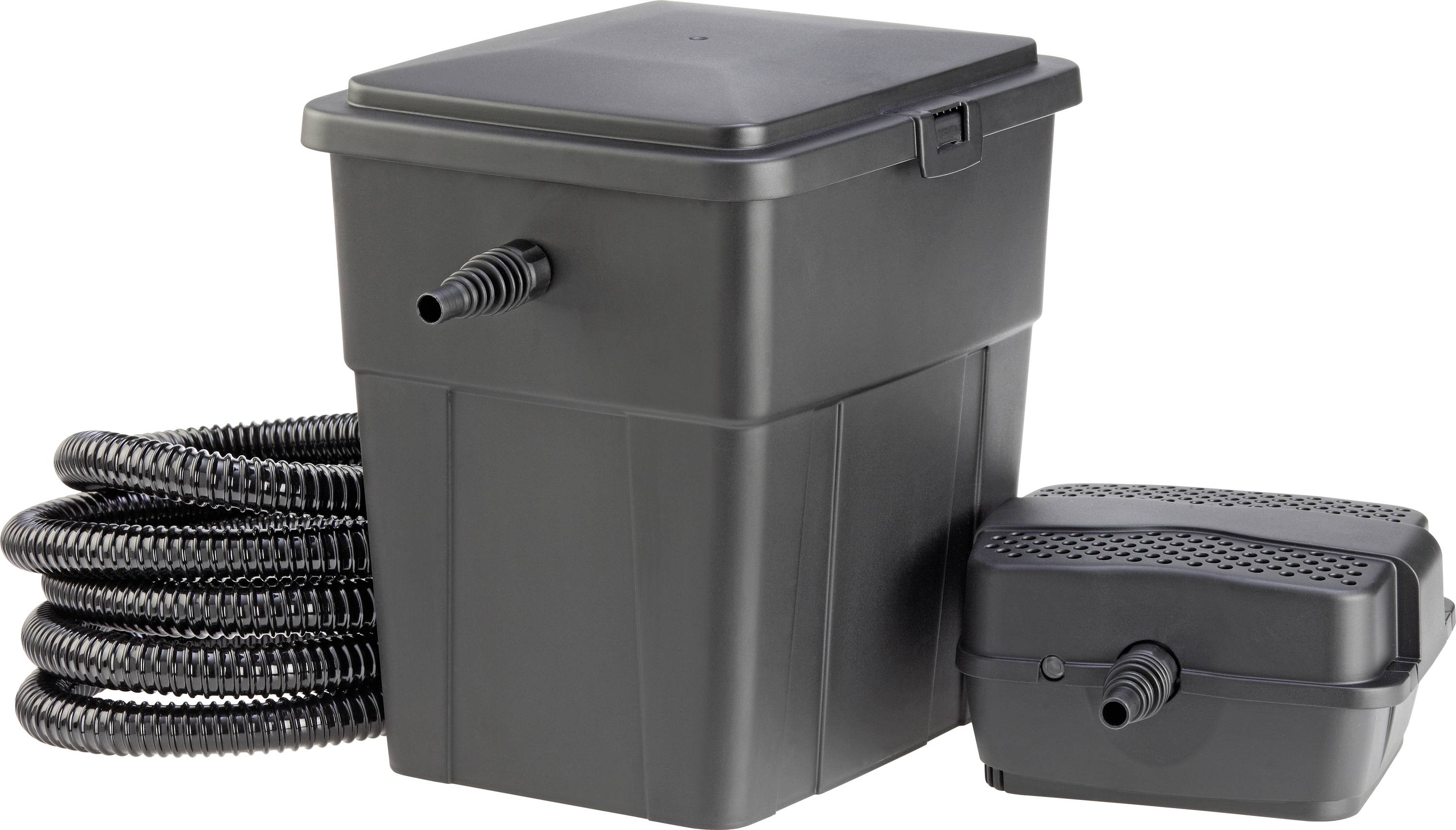 A black pond filter kit with a rectangular pump and coiled hose, designed for water filtration in outdoor ponds.