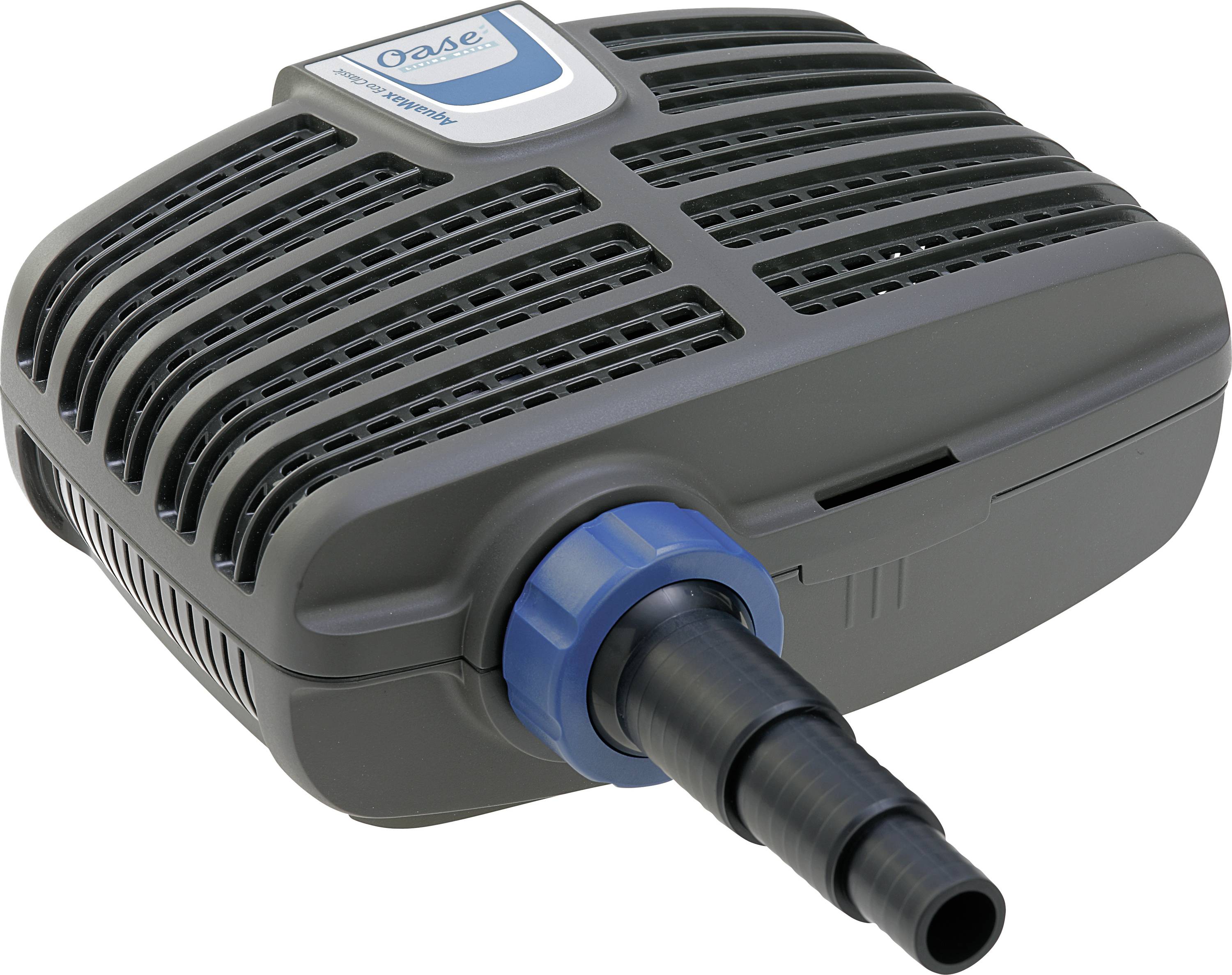 A grey pond pump with a blue nozzle, featuring a grid design on top, used for water filtration and circulation in ponds.