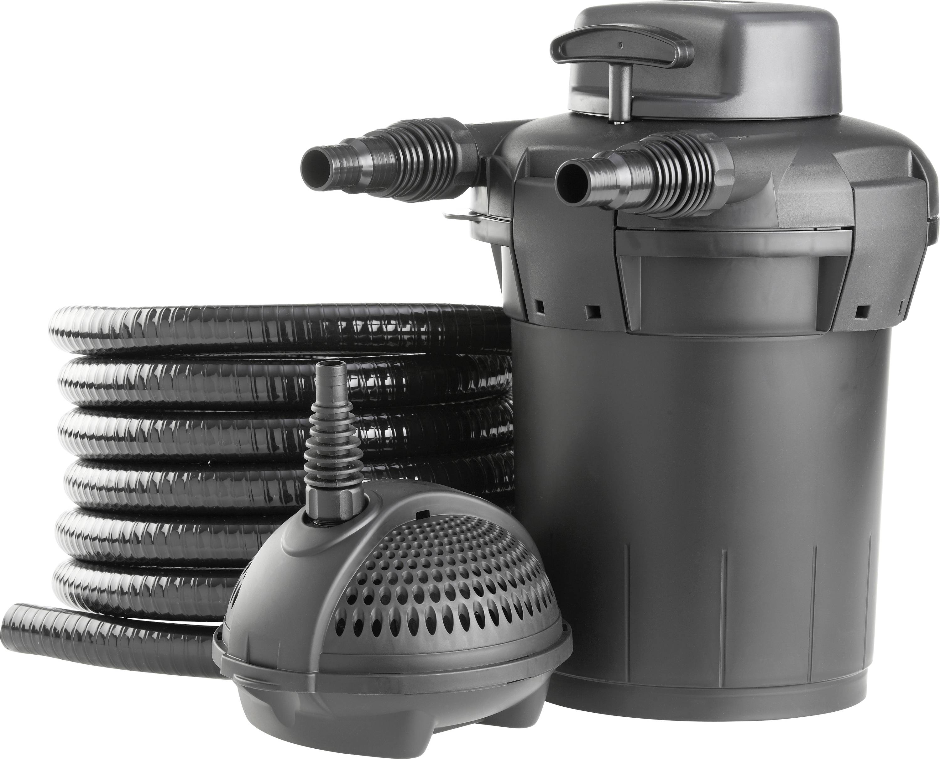 A black pond filter set with a large canister, connected hoses, and a separate perforated intake unit for water suction and cleaning.
