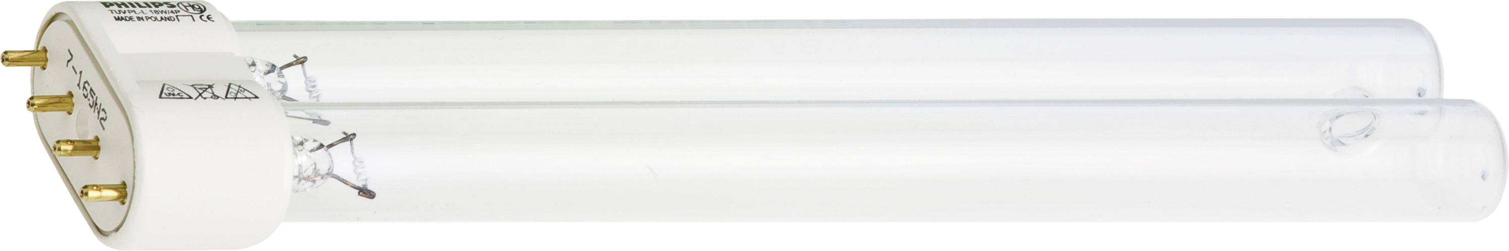 A compact fluorescent light bulb with a triple-tube design and four metal pins for connection.