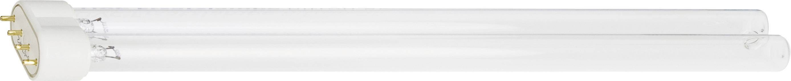 A tubular fluorescent light bulb with a white base and four metal pins. It is designed for use in specific lighting fixtures.
