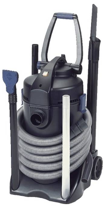 A black and gray industrial vacuum cleaner with a coiled hose and various attachments stored on a wheeled base.