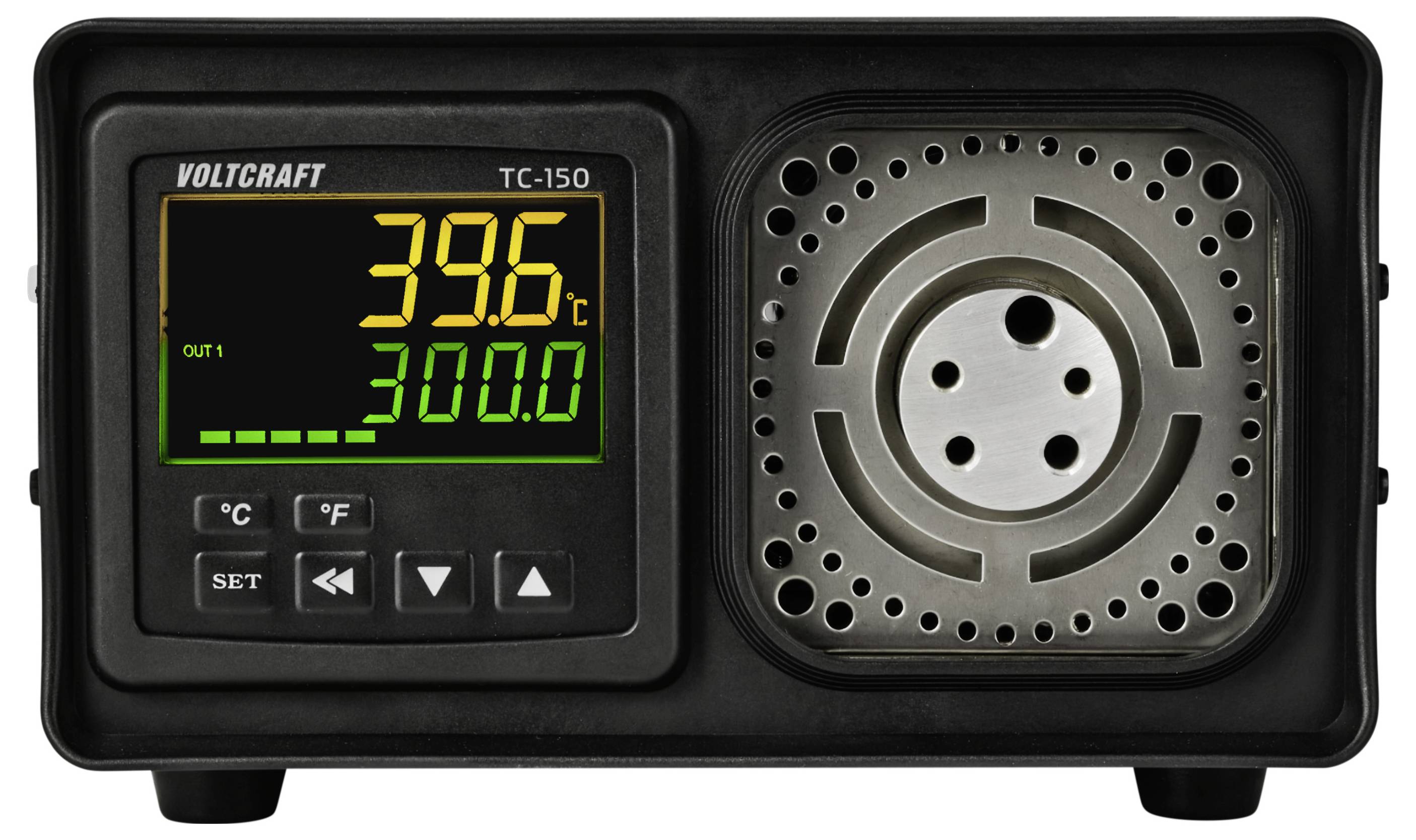 VOLTCRAFT TC-150 temperature controller showing 39.6°C and 300.0 on a digital display with control buttons and a vented fan grille.