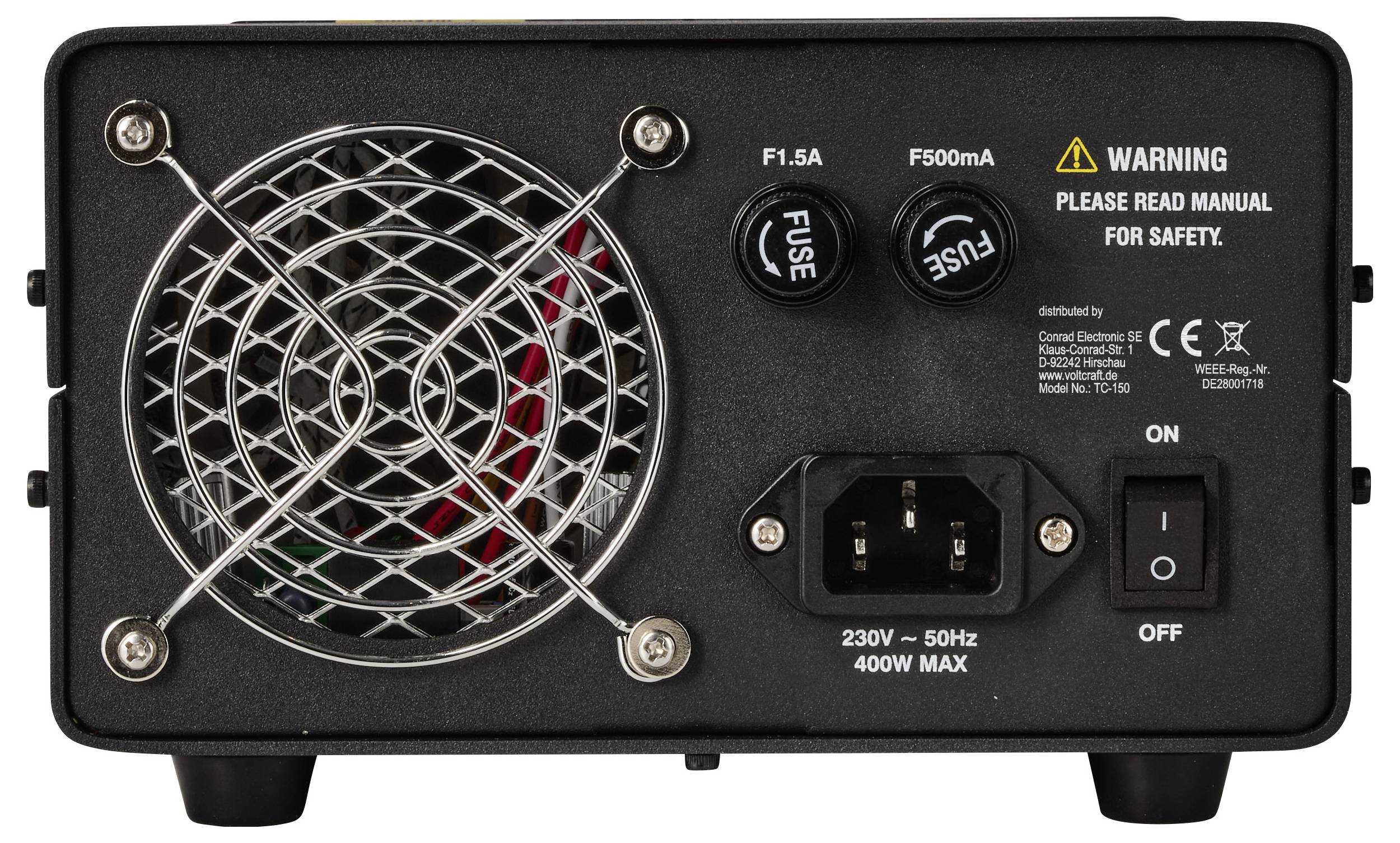 Back of a black electronic device with a large cooling fan, fuse holders, power inlet, and ON/OFF switch, labeled with warning and 230V 50Hz 400W max.