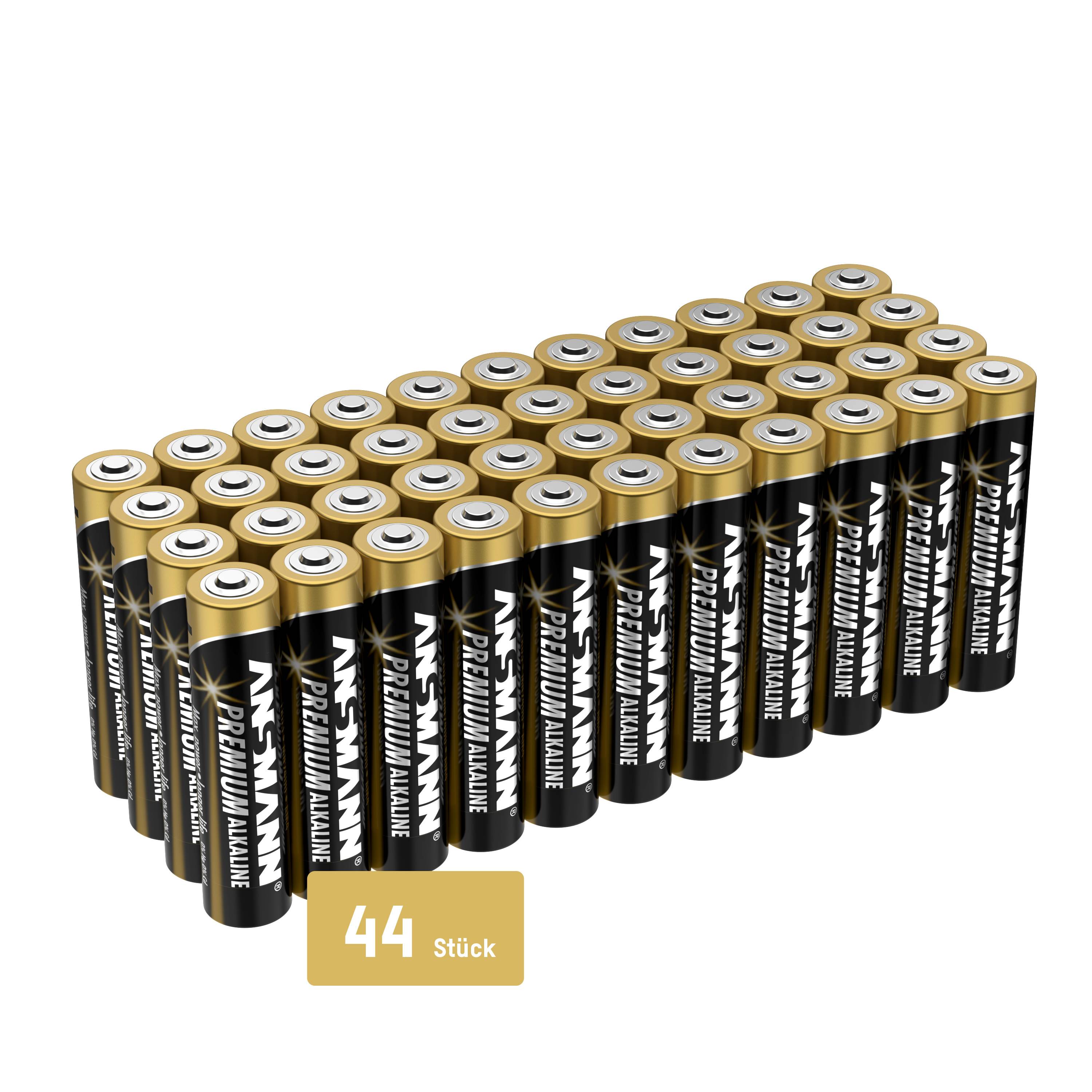44 Premium Alkaline Batteries in Black and Gold Lined Up.