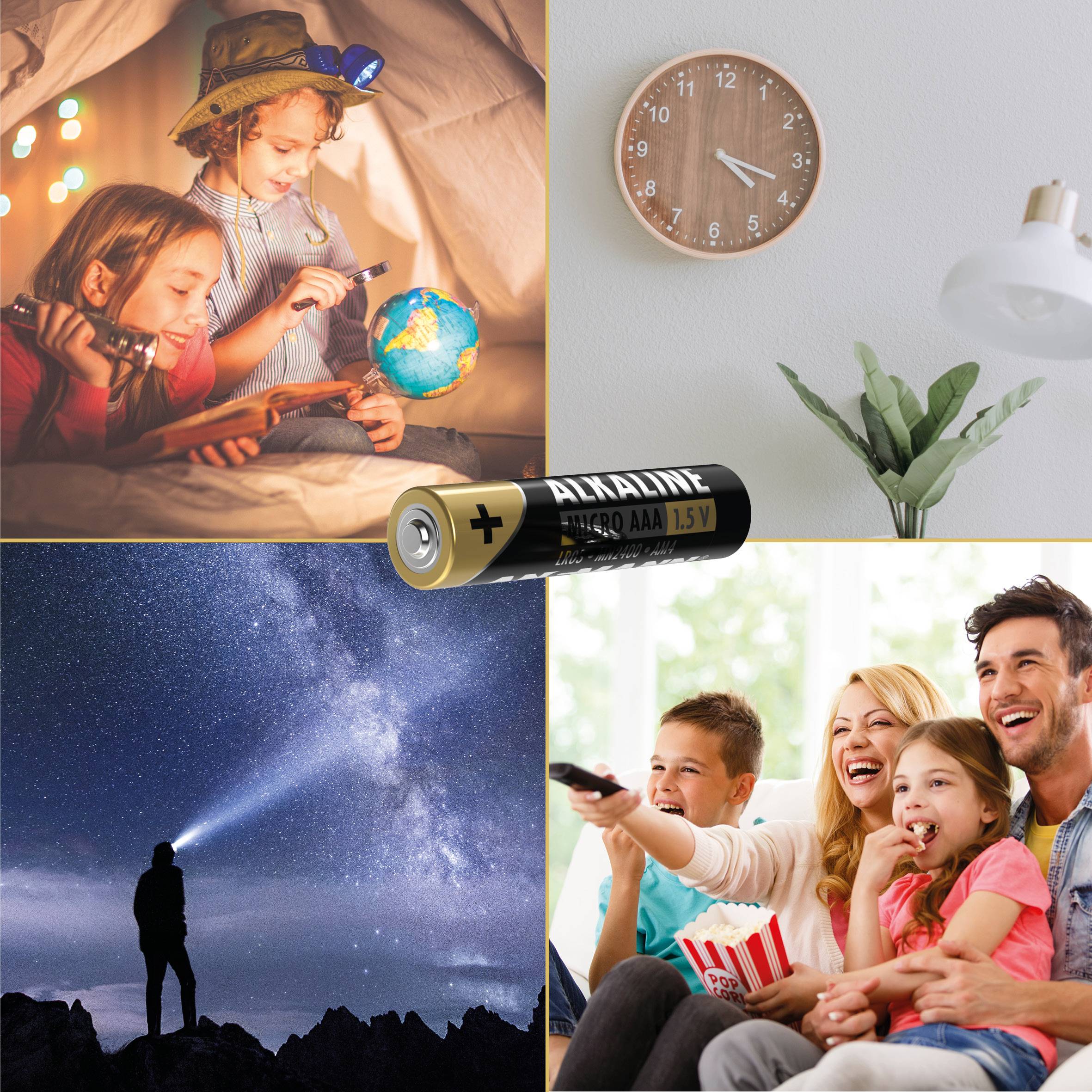 Top left: Two children reading maps by candlelight. Right: Clock and plant on the wall. Bottom left: Person under a starry sky. Bottom right: Family watching a film happily.