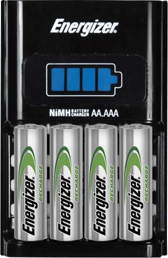 A battery charger with four inserted, rechargeable AA batteries. The display indicates a full charge state.