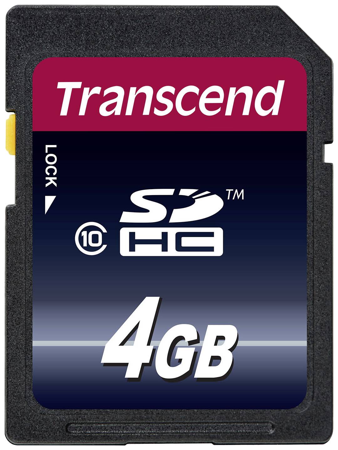 A memory card with the inscription 'Transcend 4GB'. The 'Lock' symbol is visible at the top.