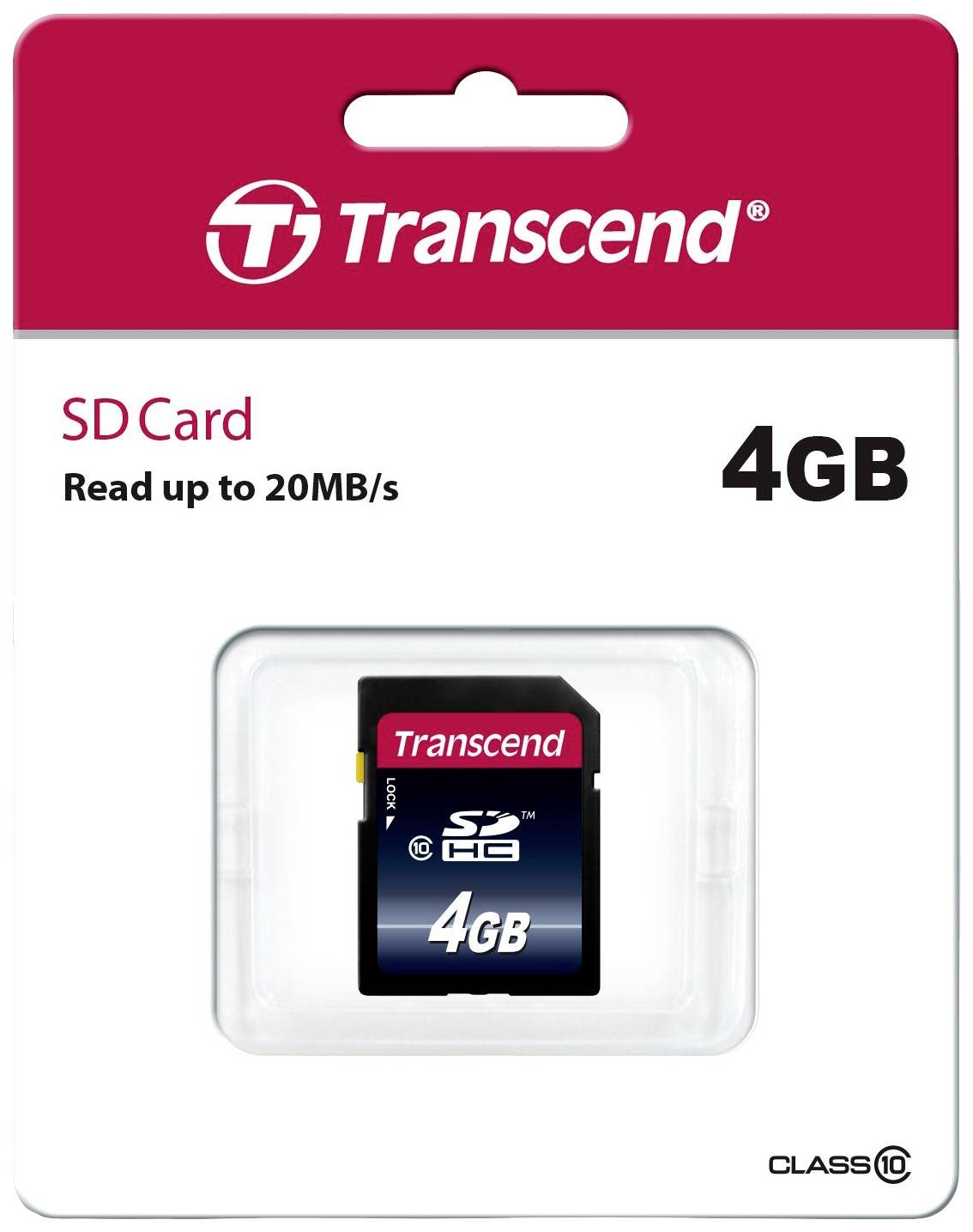 Transcend 4GB SD Card, Class 10, reads up to 20 MB/s. Packaging shows the card in a transparent plastic case.