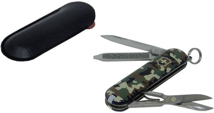 A pocket knife with camouflage pattern, containing scissors, nail file and blade. Alongside a black leather holster.