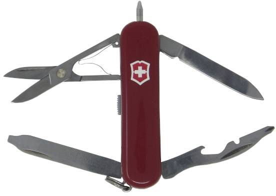 A red penknife with multiple unfolded tools, including scissors, knife, screwdriver and bottle opener.