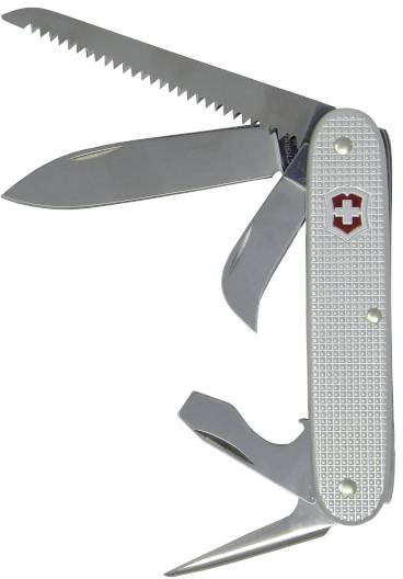 A multi-tool pocket knife with several features, including a blade, saw, bottle opener, and screwdriver.