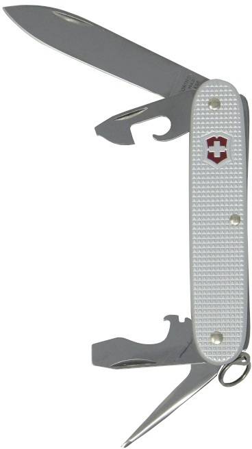 Swiss Army knife with opened blades and tools, showing knife blade, can opener, and screwdriver.