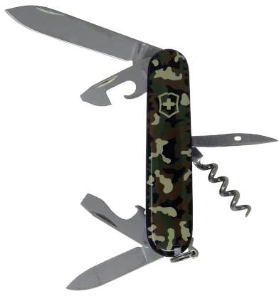 Pocket knife with camouflage design, featuring multiple folded-out blades and tools, including a corkscrew and tin opener.