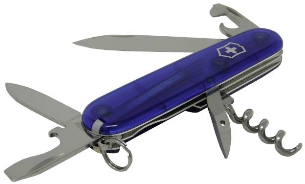 A blue Swiss Army knife with several tools unfolded, including a knife, scissors, corkscrew, and tin opener.