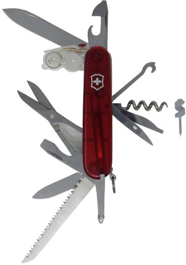 A red multi-tool pocket knife with various tools including a blade, saw, scissors, corkscrew, and screwdriver.