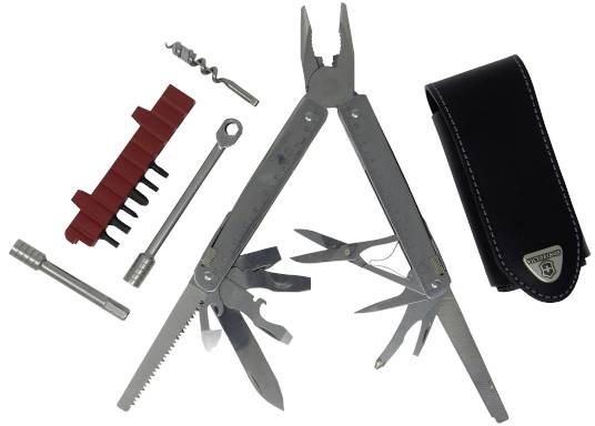 Multi-functional tool with pliers, saw, knife, screwdriver bits and case, displayed unfolded and organised.