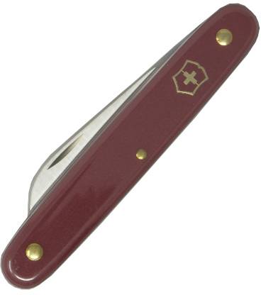 Pocket knife with a red handle and embossed cross emblem, partially open blade, against a white background.