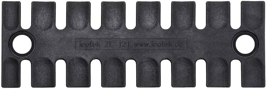 A black rectangular component with multiple straight slots and two round holes, likely designed for mounting purposes.