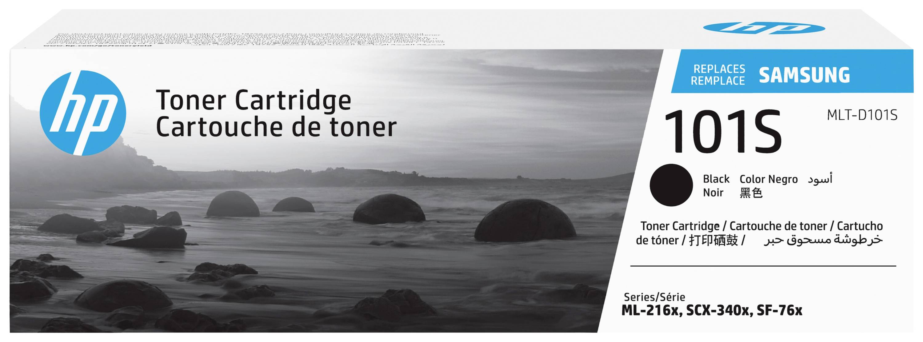 HP Toner Cartridge 101S for Printer. Black. Compatible with Models ML-216x, SCX-340x, SF-76x. Packaging with Coastal Landscape Image.
