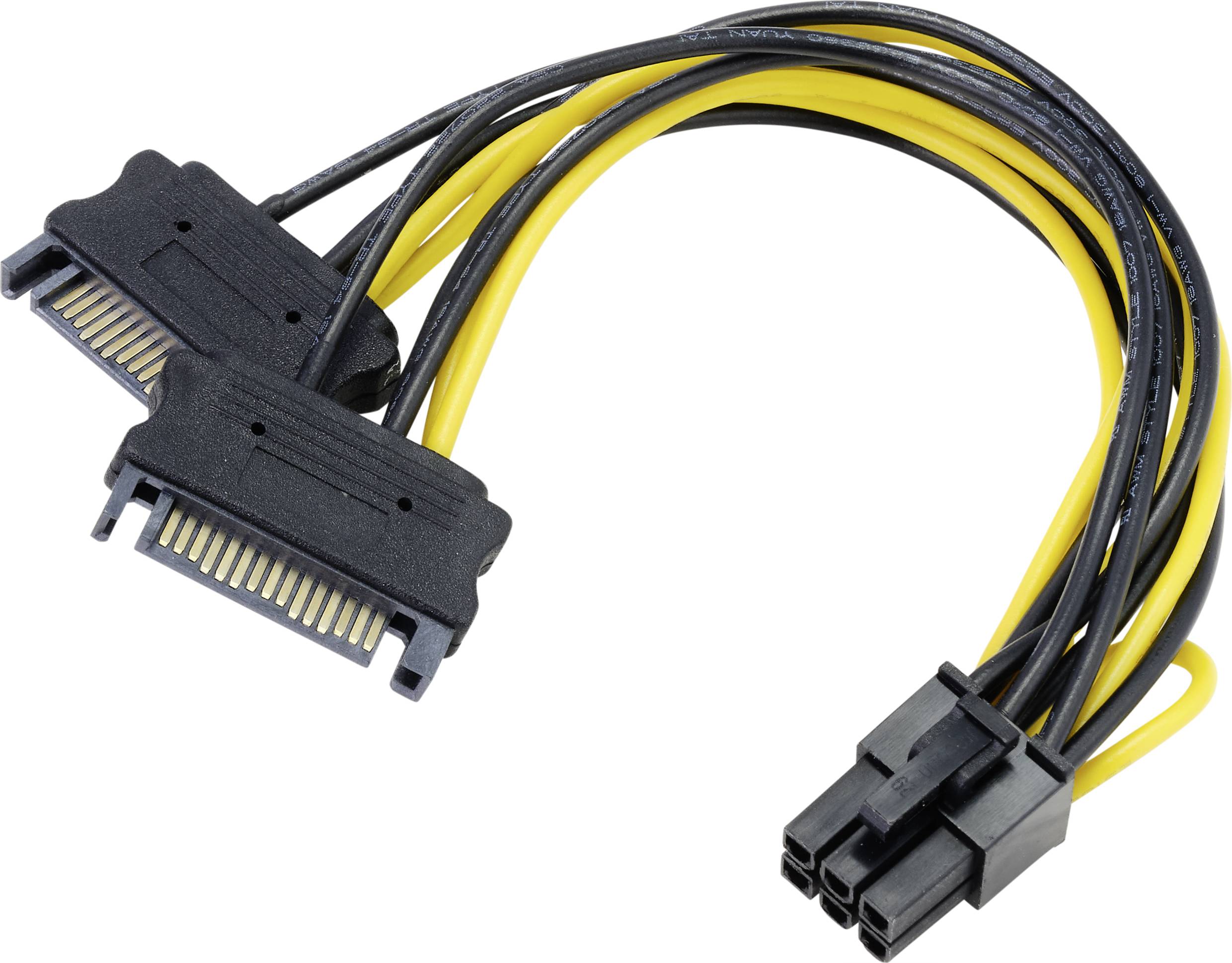 An illustration of a computer power cable adapter with an 8-pin connector and two SATA connectors, predominantly yellow and black.