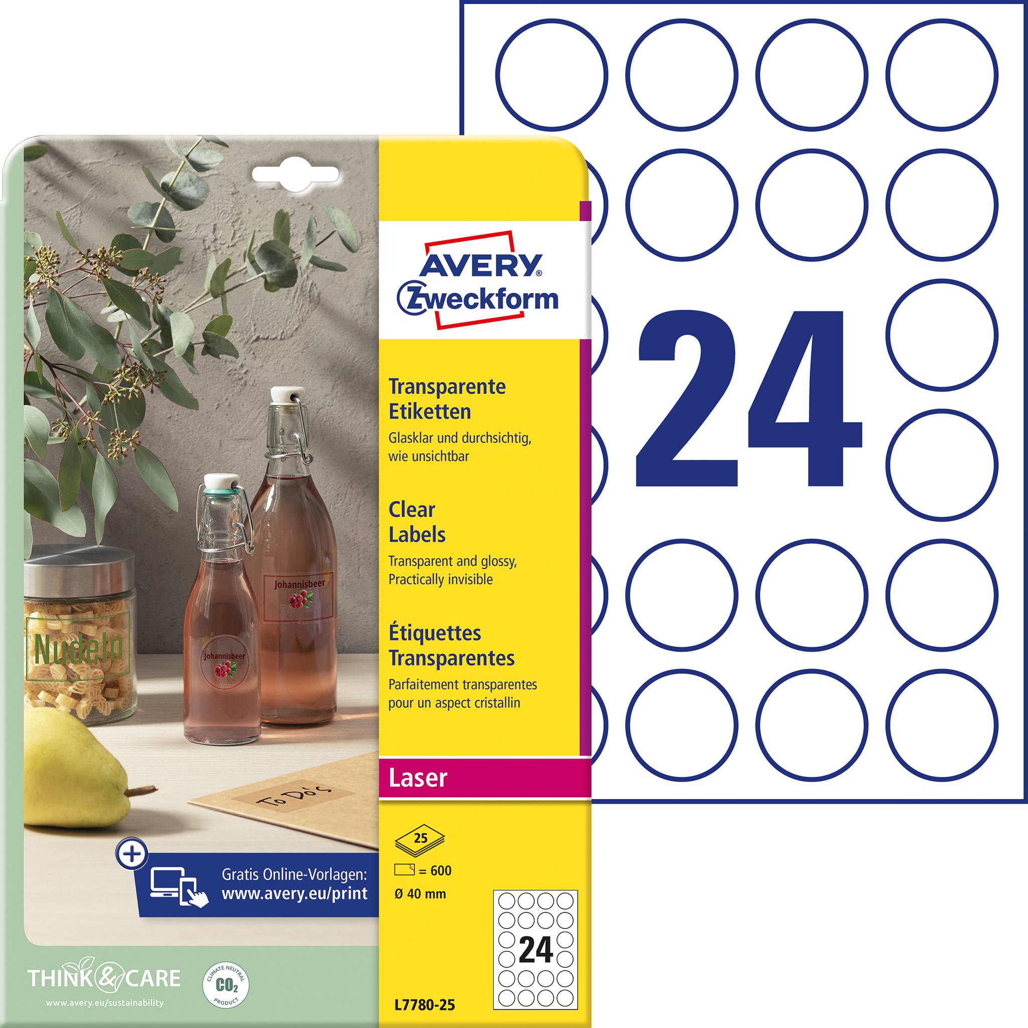 'Transparent Labels' by Avery Zweckform, 24 per sheet. Pictured are two bottles and a Nutella jar on a table.